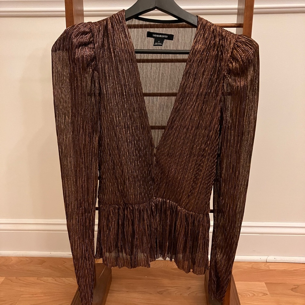 Like New - SABINA MUSAYEV Brown Metallic Pleated V-Neck Women’s Top Size S